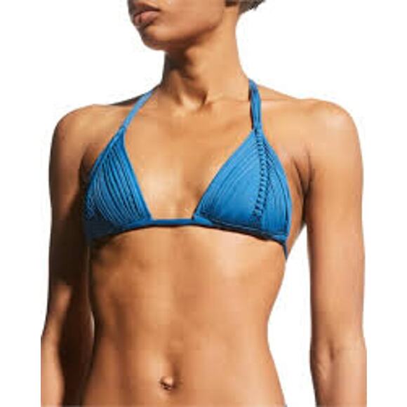 Anthropologie PQ Swim Isla Triangle Bikini Top Braid Fringe Sz D w Padding Blue - Picture 1 of 3